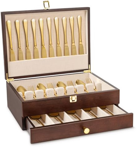 Yoimori Boîte de rangement pour argenterie, étui de rangement à 2 couches avec tiroir, coffre à argenterie en bois avec doublure en lin, étui rustique pour ranger des couverts et ustensiles fins