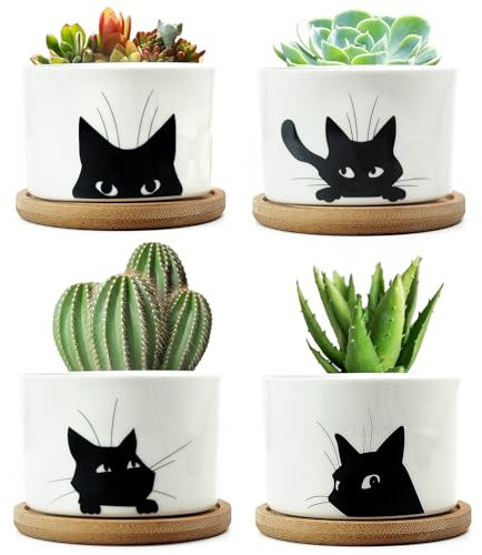 SEATOGEM 4 Pièces Succulent Pots, Petit Pot de Fleurs en Céramique, Pot de Succulent en Céramique avec Plateau en Bamboo pour Maison, Bureau