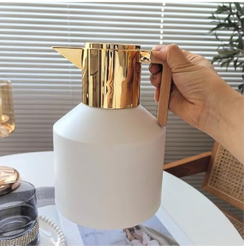 Premium Isolierkanne | Kaffeekanne | Teekanne mit Goldakzenten und Holzgriff | Vakuumflasche, 1 Liter (Weiß)