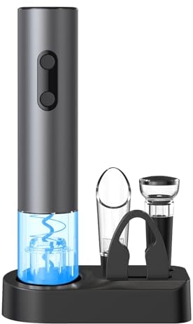 Cuteefun Electric Wine Opener Set, 5 In 1 Wine Bottle Opener, Reusable Electric Corkscrew, with Base, Foil Cutter, Pourer, Vacuum Pump, Battery Operated Cordless Wine Corkscrew for Home, Bars, Gift