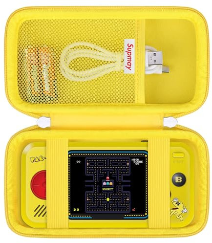 Supmay Hard Travel Case for My Arcade Pac Man Pocket Player Handheld Game Console, Portable Video Game System Handheld Game Protection Case with Mesh Pocket for Batteries and USB-C Cable, Yellow