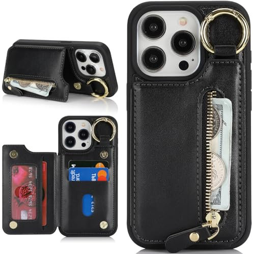 Zouzt for iPhone 12 Pro Max / 13 Pro Max 6.7 Inch Wallet Case with Card Holder for Men Women, PU Leather Kickstand Credit Slots Case, Key Ring Zipper Shockproof Protective Phone Cover - Black