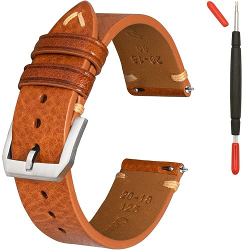 Gomvadr Quick Release Lederarmband, Öl Wachs Leder Uhrenarmbänder, Italienische Kalbsleder Uhrenarmbänder Ersatzband für Männer Frauen 16 18 19 20 21 22mm (18mm, Braun/silberne Schnalle/beige Kordel)