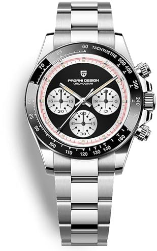 Pagani Design Herren Klassische Chronograph Uhr Japan VK63 Uhrwerk Keramik Lünette Edelstahl Herren Mode Sport Wasserdicht Quarz Uhr 1644, Racing-Schwarz, Armband