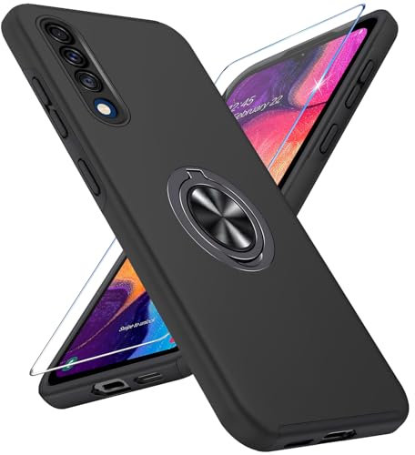 Handyhülle für Samsung Galaxy A50 Hülle mit Schutzfolie, Schutzhülle A50 Case mit Magnetischer Ring Ständer Kratzfest Fallfestigkeit Stoßfest Panzerhülle für Samsung A50 Cover (Schwarz)