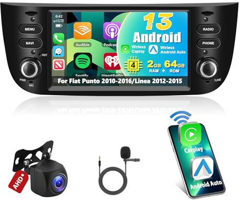 2+64G Carplay Autoradio per Fiat Punto 10-16/Linea 12-15 con Wireless Android Auto, Motorsi Android Bluetooth Car Stereo Schermo con GPS/WiFi/RDS/FM/SWC/USB/Mirror Link+AHD/CVBS Telecamera Posteriore