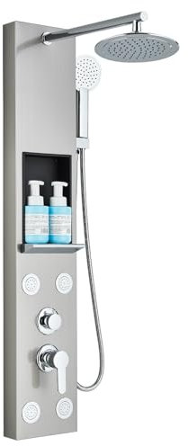 Columna de ducha hidromasaje de acero inoxidable con indicador de temperatura, sistema de ducha de pared cepillado