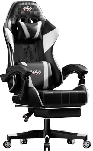 Precision Synergie Gaming Chair Computer Chair with Pocket Spring Cushion Footrest Height Adjustable Gaming Chair for Adults with 360° Swivel Seat Headrest and Lumbar Support for Office(White & Black)