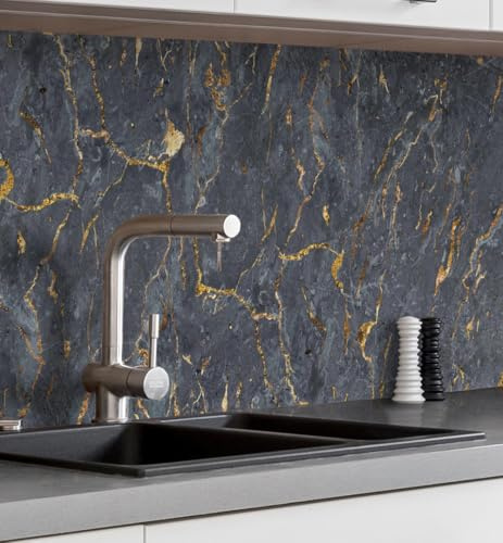 MyMaxxi Küchenrückwand Folie selbstklebend matt Versteift - einfache Montage ohne Bohren - Motiv Marmor schwarz 60cm hoch - Spritzschutz Küche Klebefolie - Steine Mauer 80 x 60cm