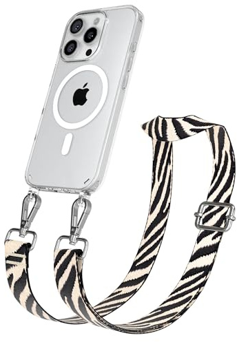 EAZY CASE Handykette - Verstellbares Taschenband kompatibel mit iPhone 16 Pro, Schulterriemen, Handykordel mit Silikon Hülle, Qi Charging kompatibel, Umhängetasche, Zebra - Schwarz Beige Silber
