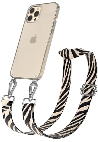 EAZY CASE Handykette - Verstellbares Taschenband kompatibel mit iPhone 12 Pro Max, Schulterriemen, Handykordel mit Silikon Hülle, Umhängetasche, Zebra - Schwarz Beige Silber