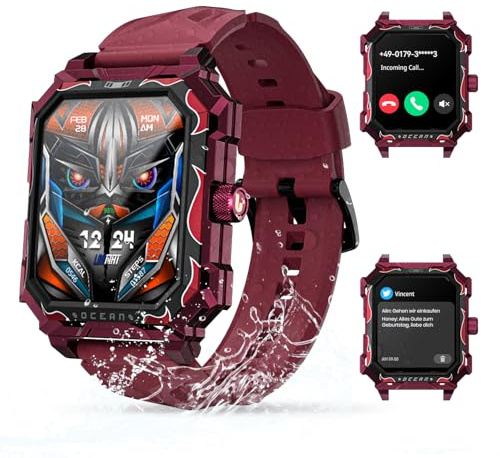 Rogbid Smartwatch Herren Telefonfunktion 1.93 Militärische Smart Watch 650mAh Fitness Aktivität Tracker IP69 wasserdichte Sportuhren Smart Watches mit Herzfrequenz Schlafmonitor für Android iOS Rot