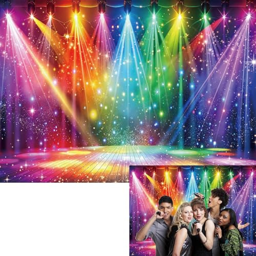 Disco Rainbow Stage Backdrop Colorful Stage Music Photography Background Neon Glow Party Decorations Banner Supplies Photo Props (7x5FT)