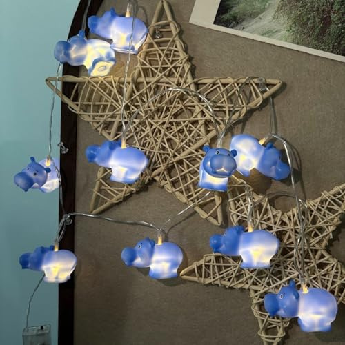 Riaxuebiy 1,65 m 10er LED Nilpferd Lichterkette Warmweiß Batteriebetrieb mit Timer für Partys und Garten Kinderzimmer Dekoration (Blau Nilpferd)