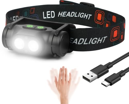 HOTUT LED Stirnlampe Wiederaufladbar, Kopflampe Stirnlampe Superhell mit Sensor und Magnet, IPX4 Wasserdicht, Dimmbar mit 3 Lichtmodi, Aufladbar USB-C Stirnleuchte für Camp Wandern Angeln