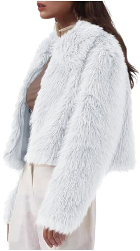 RKaixuni Damen-Winterjacke, zottelig, Kunstpelz, Croppedjacke, Sherpa-Fleece, warm, flauschig, Teddy, Jacke, Cardigan, Revers, Oberbekleidung, weiß, M