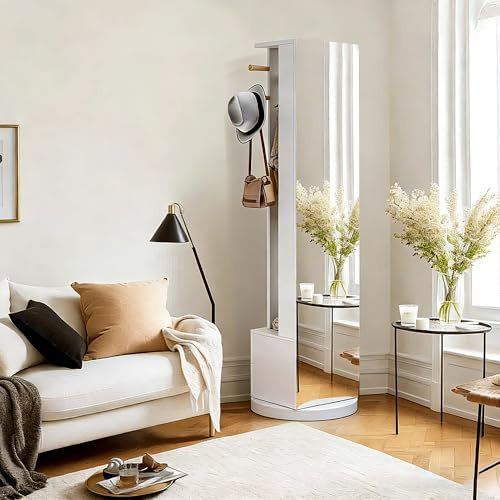 Porte-manteau rotatif avec miroir, miroir sur pied complet avec espace de rangement, porte-manteau avec miroir, 4 crochets et 2 tiroirs, base rotative à 360°, pour salon, chambre à coucher, bureau