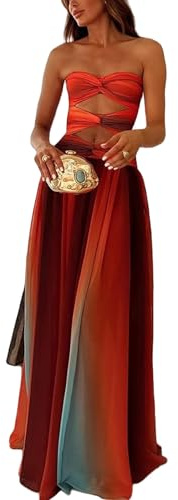 FeMereina Vestido largo de tubo de teñido anudado para mujer, sin tirantes, nudo frontal, hueco, largo, plisado, elegante vestido de malla degradado