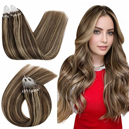 Ugeat Microring Extensions Echthaar Braun 40 cm Micro Loop Extensions Schokobraun Mit Karamellblond Haarverlängerung Echthaar Microring Remy Extensions Echthaar Micro 50g 50 Strähnen #P4/27