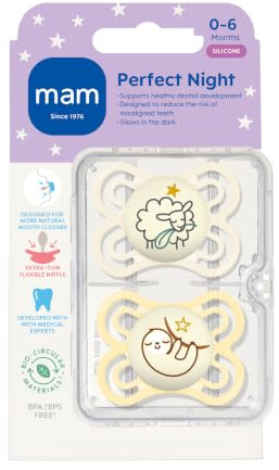 MAM Perfect Night Schnuller, leuchtet im Dunkeln, 2 Stück, 1 sterilisierender Schnuller, MAM Schnuller, 0–6 Monate, Unisex, Design kann variieren