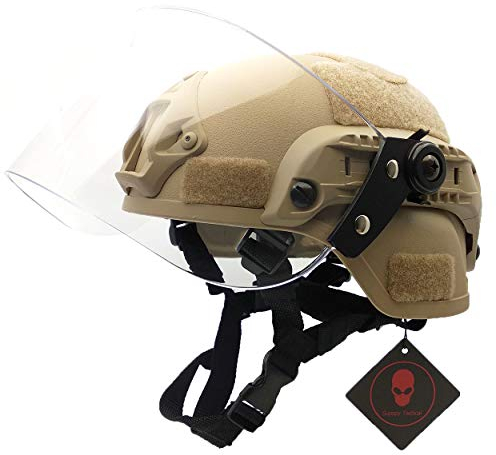 Airsoft Tactical MICH 2000 Militär-Paintball-Helm mit klarem Riot-Visier, Gesichtsschutz, Gleitbrille und Seitenschiene, NVG-Halterung, Hellbraun