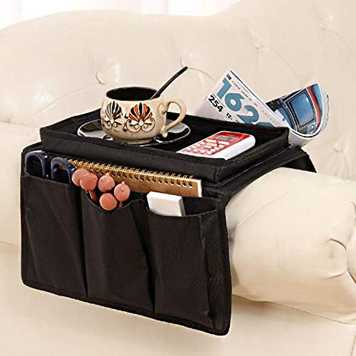 BEISIJIA Organizer per bracciolo del divano con vassoio portabicchieri, porta telecomando per TV, cellulare, tablet, riviste, libri, occhiali, cavi, bevitore, snack, custodia (nero)