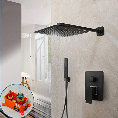 Huin Miscelatore per doccia a pioggia da 12 pollici nero Miscelatore per doccia a parete Rubinetto per doccia a incasso Rubinetto per doccia incorporato Valvola quadrata a 2 vie