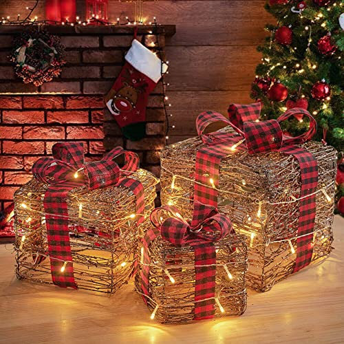 SHATCHI Light Up Christmas Parcels Pre-Lit Battery Operated LED Glitter Sisal/Rattan Xmas Presents Holiday Home Novelty Decorations Set of 3 – Gold/Red/Cream/Tartan, Brown, 25cm/20cm/15cm