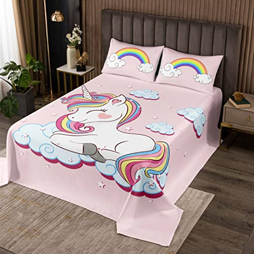 Loussiesd Kinder Tagesdeck 220x240cm Wohndecke Mädchen Einhorn Rosa Karikatur Einhorn Regenbogen Wolken drucken Bettüberwurf für Jugendliche Frauen Süß Tiere Dekorativ Steppdecke Mikrofaser