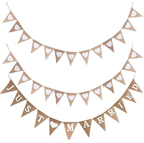 Wimpelkette Hochzeit Vintage JUST Married 3 Stück Wimpelkette Hochzeit Vintage Girlande Herz für Hochzeitszeremonie Fotorequisiten Brautdusche Junggesellinnenabschied