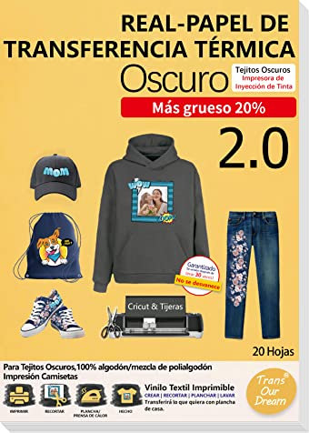 TransOurDream Real-Papel de Transferencia Térmica Para Camisetas, Sudaderas o Tejidos Oscuros 2.0 A4 20 Hojas Fácil de Usar, Papel Transfer Compatible con Impresoras de Inyección de Tinta, ES-3-2.0-20