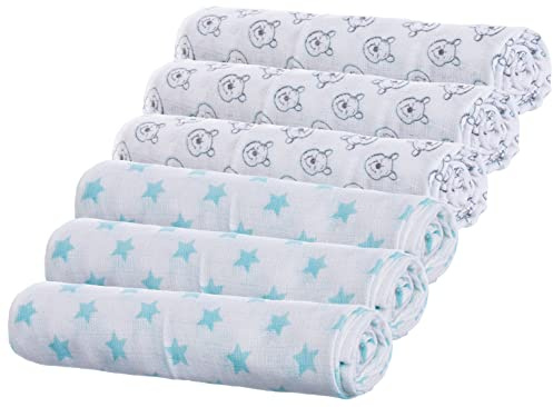 Brandsseller Baby Mullwindel 6er Set ca.77x73 cm Spucktuch Stoffwindeln 2 Designs 1x Blau Sterne und 1x mit Motiven im Stil von Winnie the Pooh