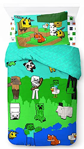 Jay Franco Minecraft Creative Mode 100% Baumwolle 3-teiliges Bettwäsche-Set 135x200cm Einzelbettgröße - Bettbezug + Spannbettlaken 90x200 cm + Kissenbezug 50x70 cm
