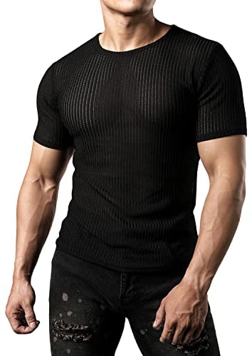 JOGAL Herren Netz Durchsehen Fitted Kurzarm Muskeln Top Schwarz Groß
