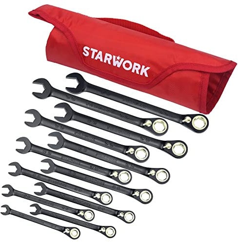 STARWORK True Mechanic™ 12Pc. 120T Reversible SAE&Metric Ratcheting Wrench Set, Long Pattern, Professional, with Portable Roll-Up Pouch Bag