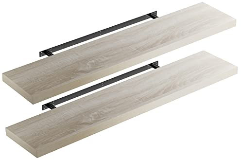 CASARIA® Set of 2 110cmx23cm Oak Effect Floating Shelf Including Bracket | Wall Shelving Living Room Kitchen Bedroom Office | 38mm Thick | Hidden Wall Fixing | 15kg Capacity MDF