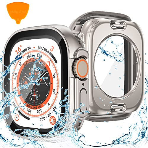 Goton 2 in 1 wasserdichte Hülle für Apple Watch Ultra 2 2024 Displayschutzfolie 49 mm, 360 Schutzglas Gesichtsabdeckung Hard PC Bumper + Rückseite Rahmen für iWatch Ultra Zubehör 49 mm, Titan
