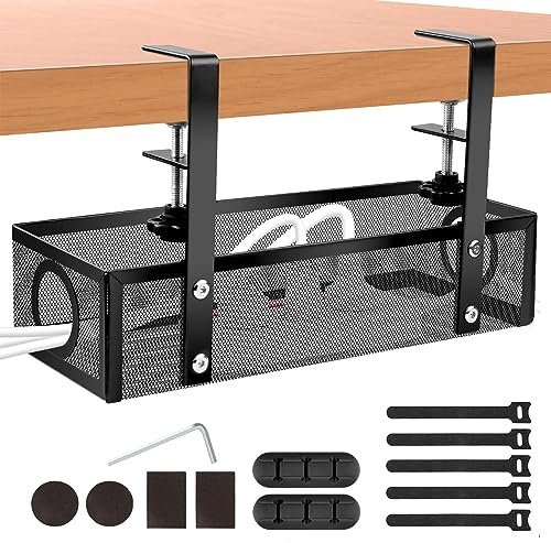 iNextStation Under Desk Cable Management Tray, Cable Organisers Under Desk, No Damage to Desk, Cable Rack with Clamp for Desk Wire Management, No Drill Cable Tidy Box for Office Home, Black