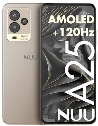 NUU A25 AMOLED 120Hz 6.7 Phone for T-Mobile, ATT, Cricket, Mint, Ultra, Metro, Gaming Phones, Octa-Core Helio G99, 4G/LTE Dual SIM, 6GB + 128GB 50MP Camera, Champagne, International Travel