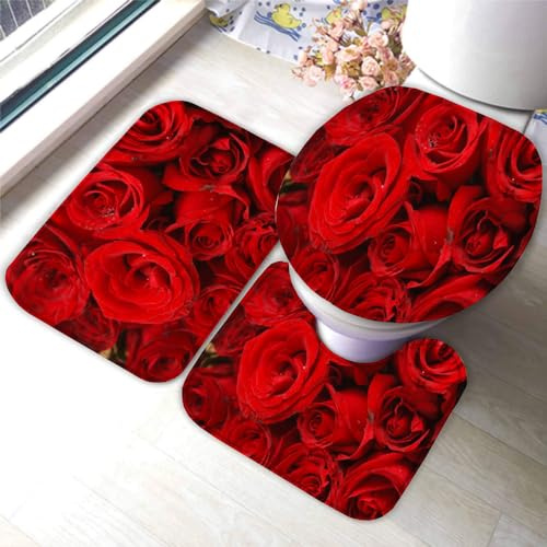 DEVOKE Badezimmer Badematte 3 Teilig Set Rose 3D Weichen Mikrofasern Rote Blume Saugfähige Teppich,WC-Deckelbezug,U-Förmige Matte Maschinenwaschbar Badvorleger 40X60