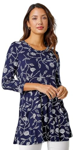 Roman Originals Swing Top with Pockets for Women UK Ladies Hanky Hem Asymmetric Tunic Blouse Longline Long Stretch Jersey Casual Round NeckTee Shirt T-Shirt - Navy White - Size 10