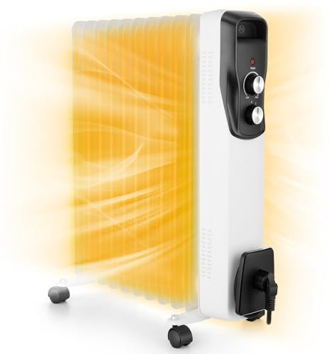 COOCHEER Radiatore ad olio da 2500 W, a risparmio energetico con 11 costole, radiatore elettrico con 3 livelli di riscaldamento, termostato e 4 ruote scorrevoli per casa e ufficio, Bianco
