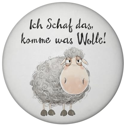 Schaf Magnet rund mit Flaschenöffner rund mit Spruch Ich Schaf das komme was Wolle Flauschiges Bauerntier-Cartoon Ideal für Farm-Party Witzig
