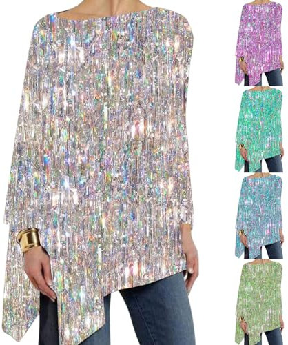 Pailletten-T-Shirt, langes T-Shirt für Damen, Rundhalsausschnitt, langärmelig, locker, lässig, Sweatshirts, Tunika, Pullover, weiche T-Shirts, Tunika, Tops, Damenblusen und Hemden, Party, glitzerndes