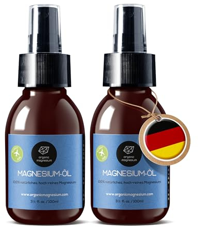 Ultra Pur MagnesiumÖl Spray 2x100ml - 100% Natürlich Reines Zechstein Öl von Organic Magnesium | Perfekt für Sport & Muskel entspannung | Flüssig MagnesiumChlorid Oil Konzentrat