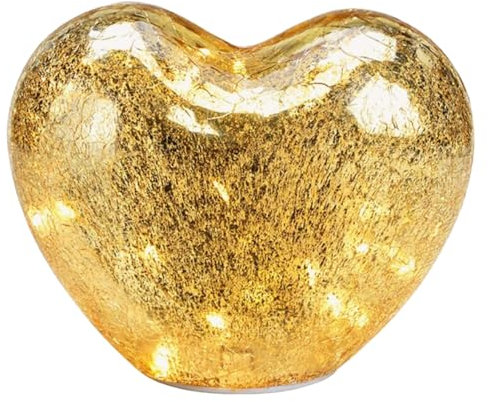 G. Wurm Dekoleuchte Herz Glas Gold, Herz Lampe mit LED Lichterkette, Dekolampe, Tischleuchte, Herzlampe