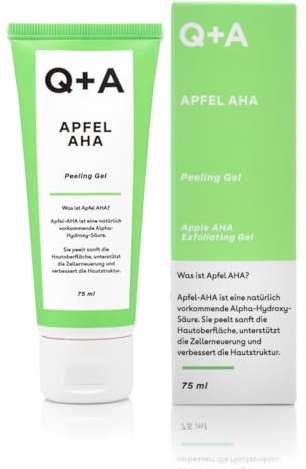 Q+A Apfel AHA Peeling Gel, die natürlich vorkommenden AHA’s, Apfelsäure und Milchsäure verbessern sichtbar unebene Hautstrukturen. 75 ml