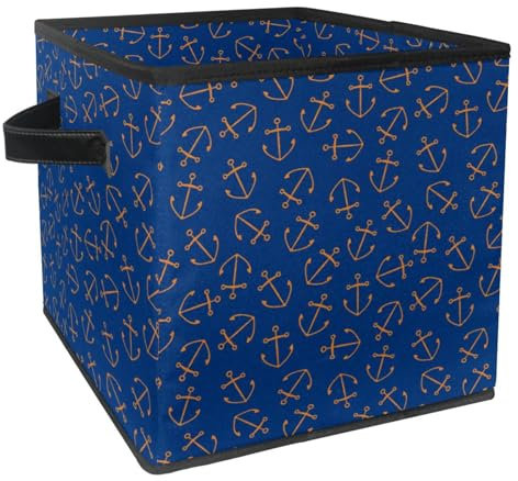VAPOKF Aufbewahrungsbox, faltbar, Aufbewahrungskorb, Würfel, Organizer aus Stoff mit Griffen für Spielzeug, Kleidung, Bücher, Schrank, Schlafzimmer, Haus – Anker auf blauem Hintergrund
