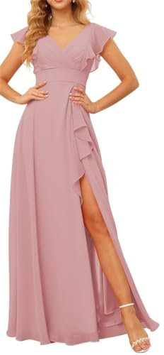 WSEYU Robe de demoiselle d'honneur à col en V pour invitées de mariage, manches volantées, mousseline de soie, robe de soirée, bal de fin d'année, robe longue midi, Rose poudré., 36