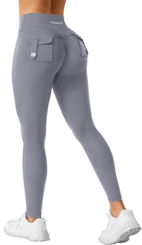 YEOREO Sport Leggings with Pockets for Women V Waist Gym Butt Lifting Workout Cargo Yoga Fitness Blue Gray Medium
